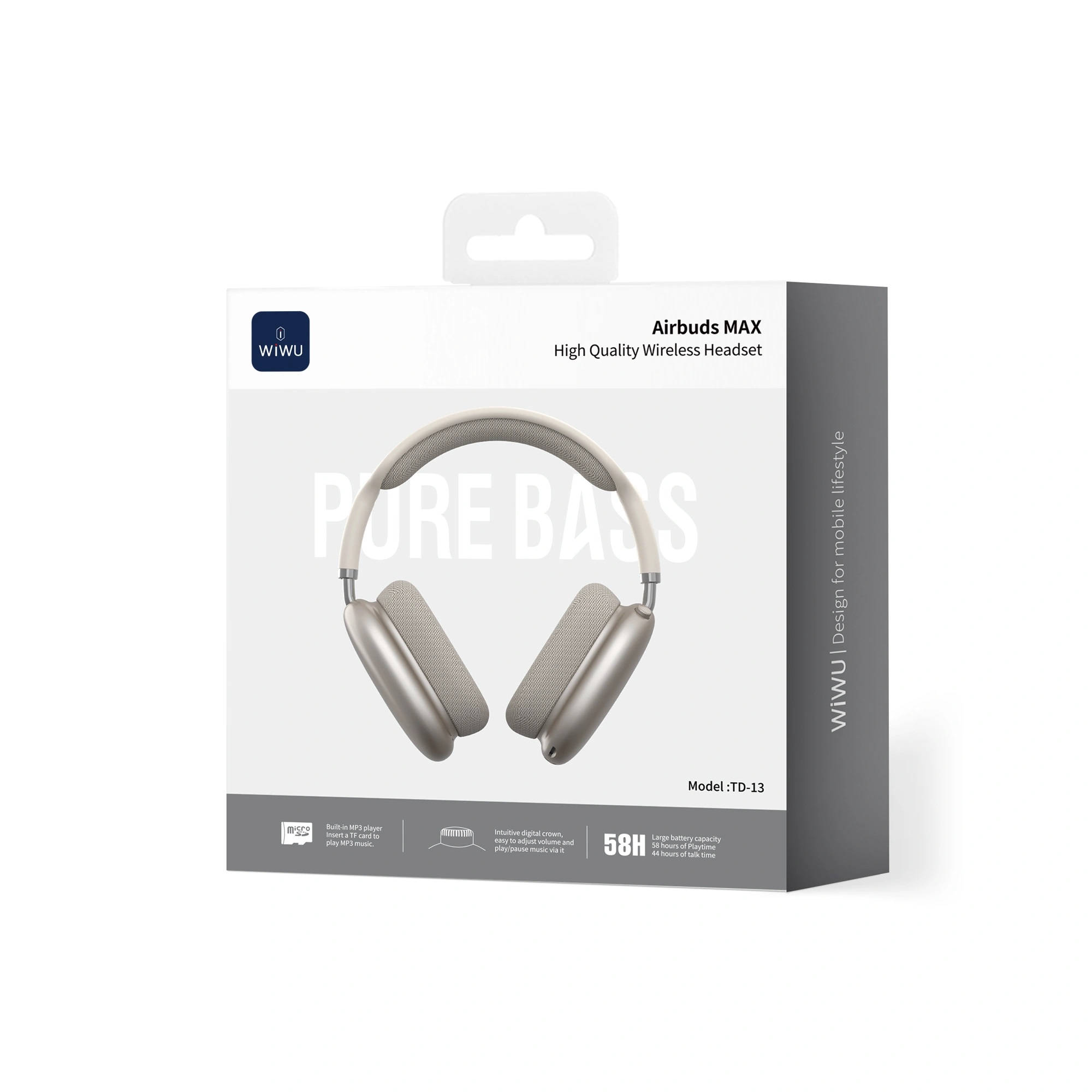 Tai nghe headphone không dây Bluetooth 6.0 Chip Ai PureBass WIWU Airbuds MAX TD-13 - Pin 58H, Đệm Tai Siêu Êm, Bass mạnh, Hỗ trợ khe TF Card, Âm trầm Pure Bass mạnh mẽ - Hàng nhập khẩu