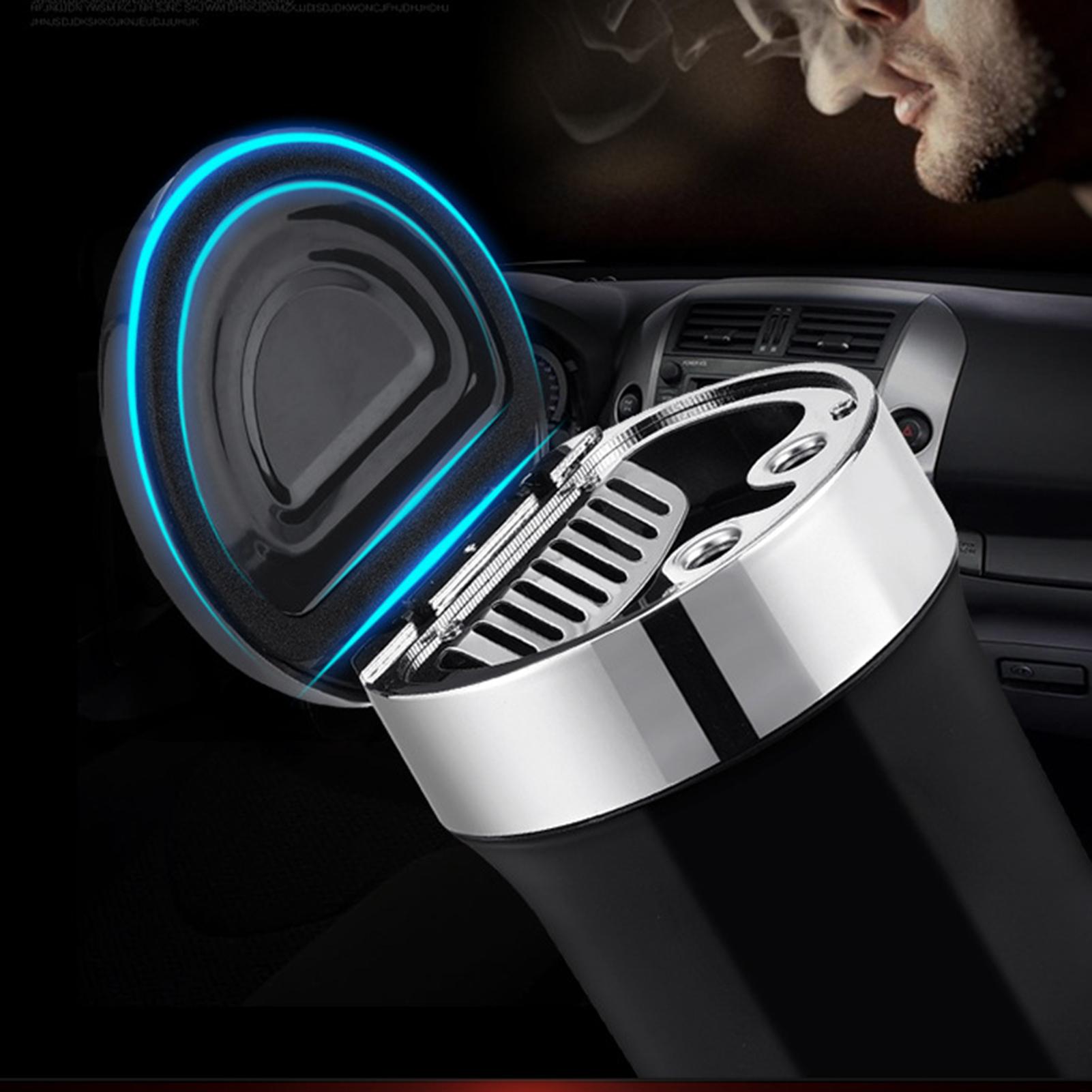 Car Ashtray, Universal Portable Smokeless Ashtray with Lid, Compass LED Blue Light for Most Car Cup Holder