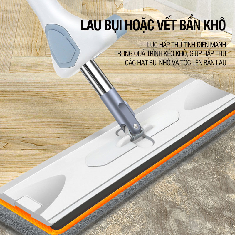 Cây lau nhà tự vắt Kitimop-XPRO bàn lau lớn 42cm, con lăn trợ lực, thanh thép không gỉ, khớp xoay 360 độ, 2 bông lau