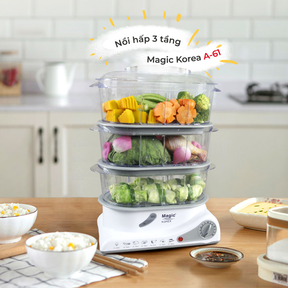 Máy hấp thực phẩm đa năng 03 tầng Magic Korea A61 (10.5 lít) - Hàng Chính Hãng