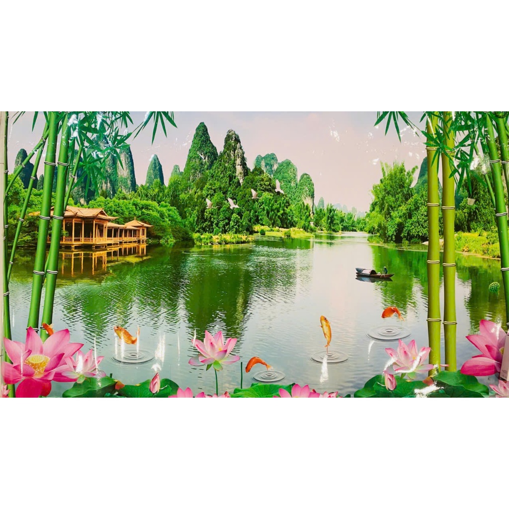 (ẢNH THẬT) Tranh dán tường 3d phong cảnh phong thuỷ hữu tình có sẵn keo( có in theo yêu cầu)