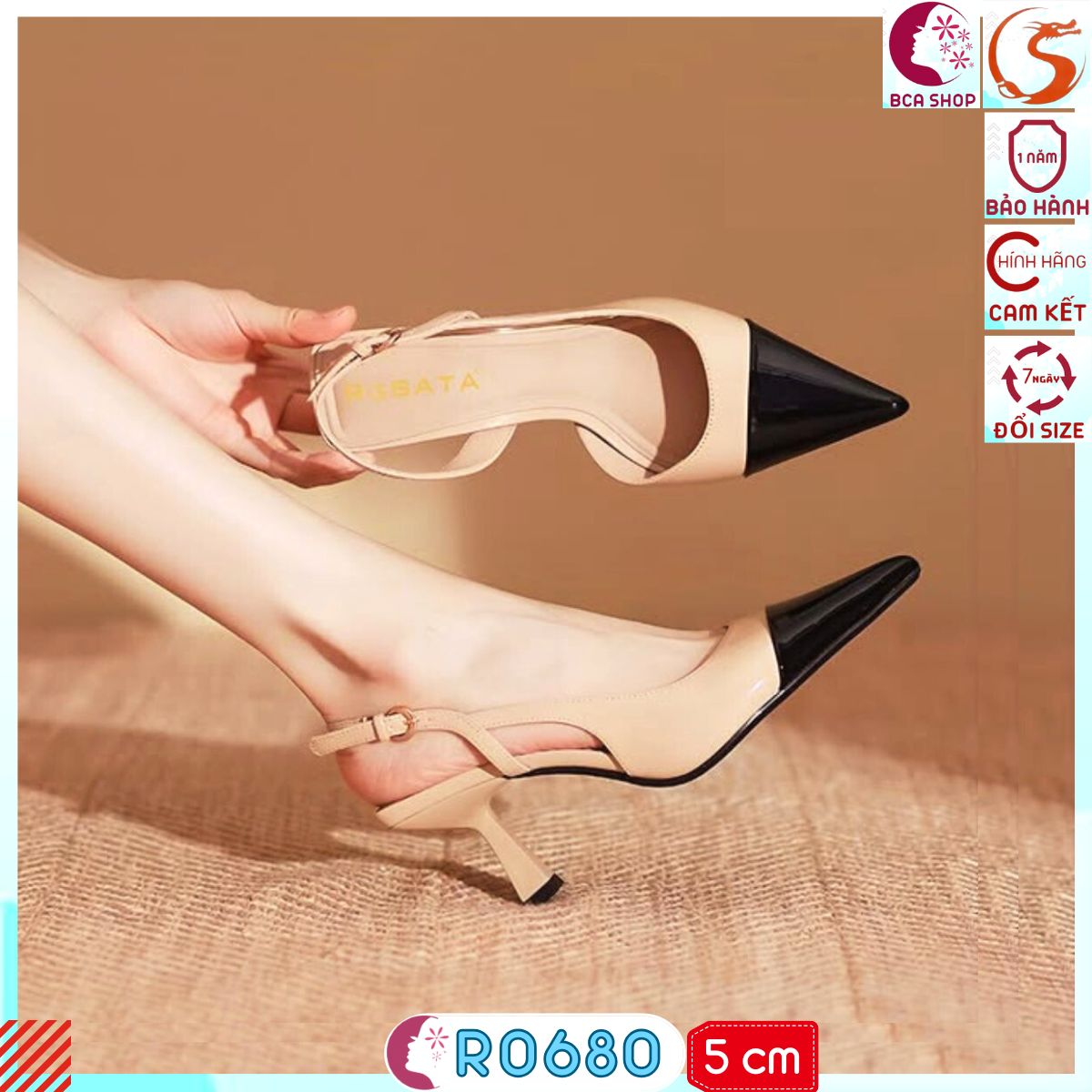 Giày Cao Gót Nữ Slingback 5cm RO680 ROSATA tại BCASHOP Mũi Nhọn Phối Màu, Tinh Tế Và Hiện Đại, Thời Trang Và Đẳng Cấp