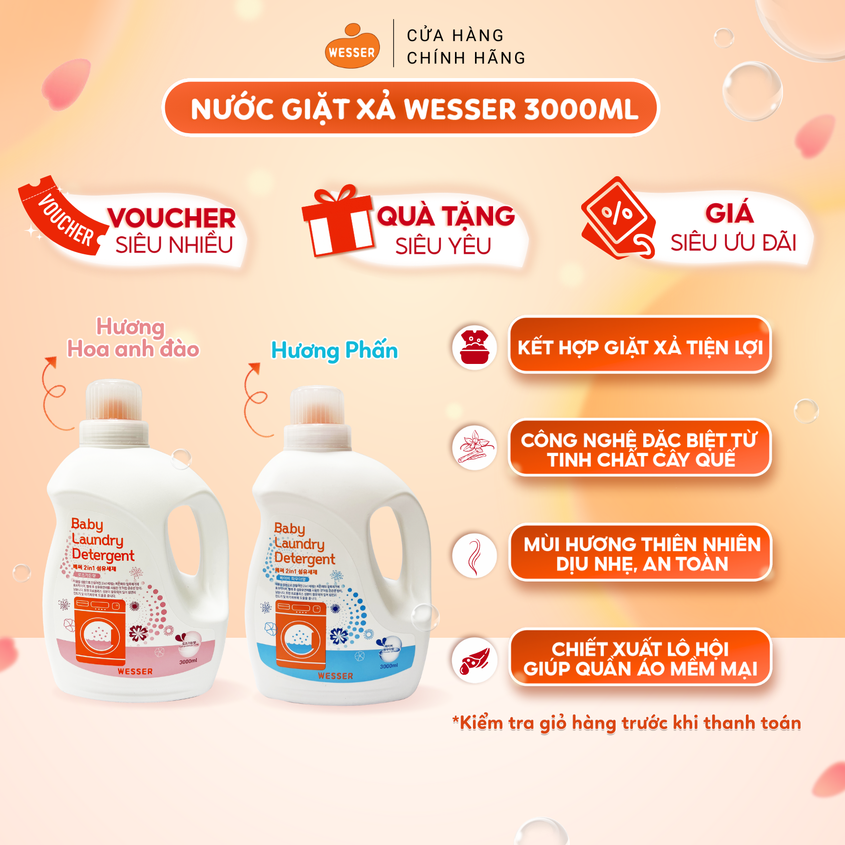 Nước giặt xả cho bé Wesser 2 in 1 3000ml
