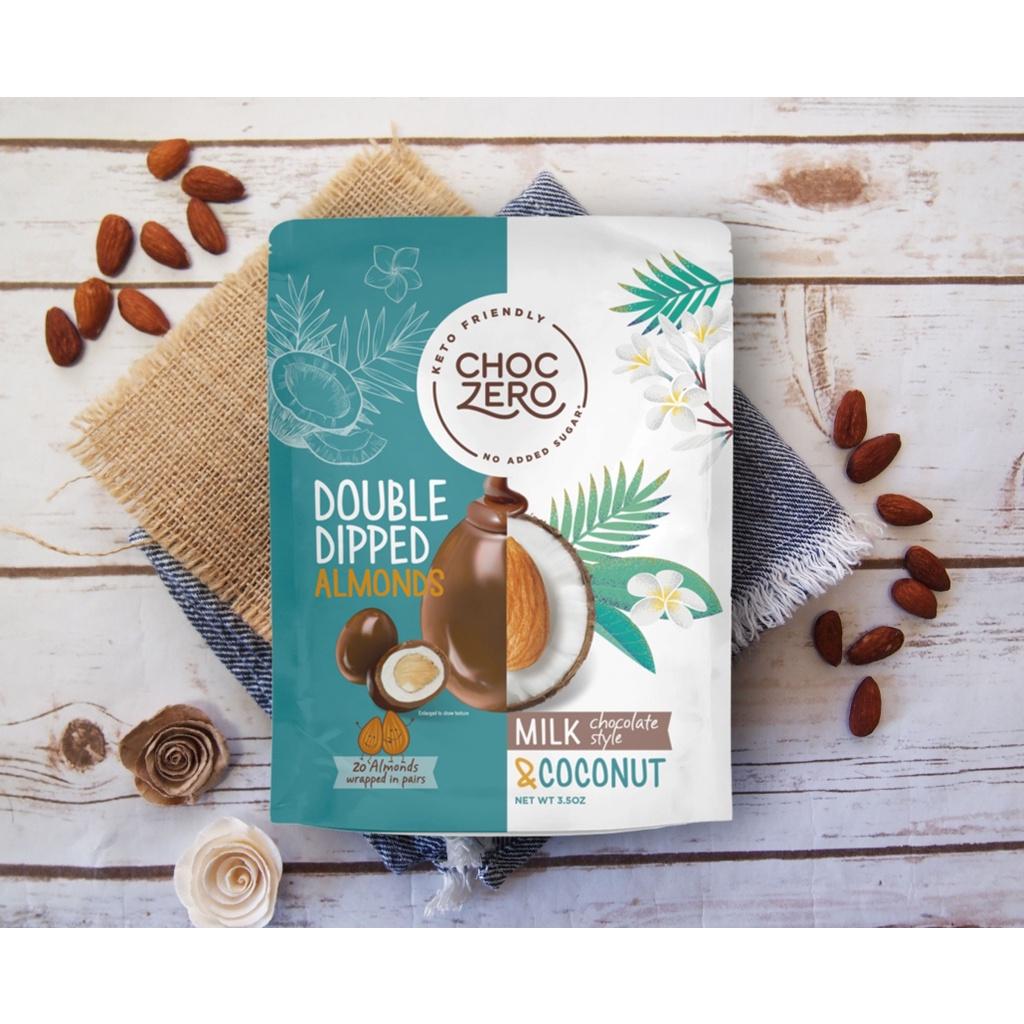 SOCOLA SỮA - CƠM DỪA BỌC HẠNH NHÂN CHOCOZERO Keto Milk Chocolate Covered Coconut Almonds - Double Dipped, 98g (3.5 oz)