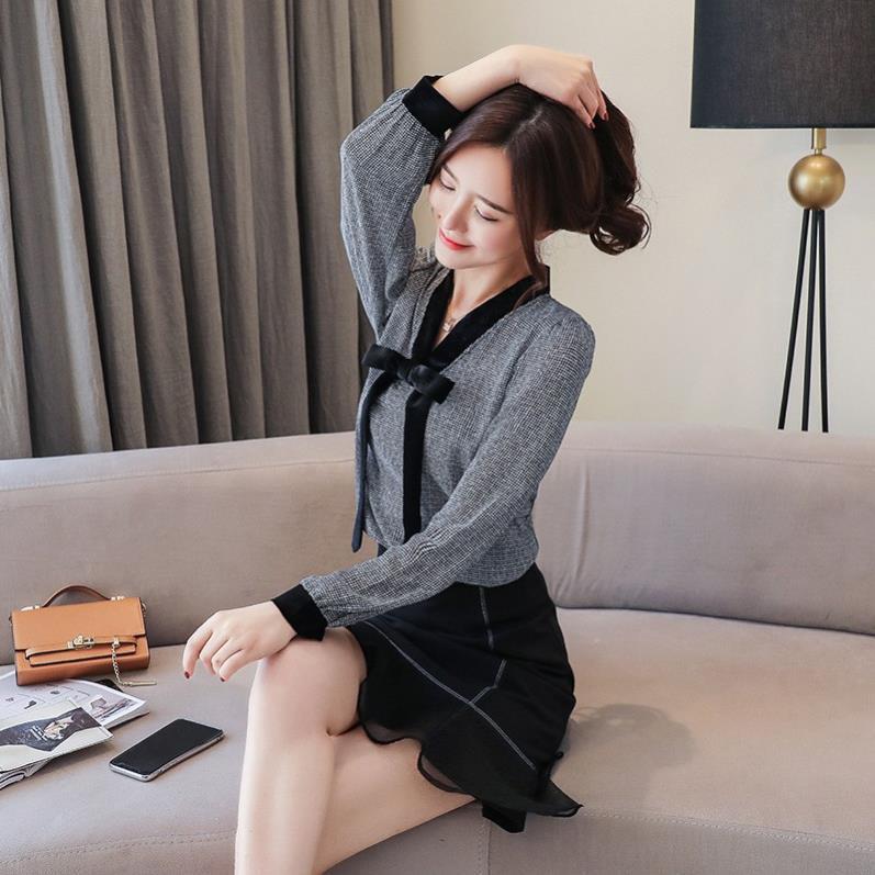 Áo sơ mi nữ thắt nơ tay dài form rộng kiểu Hàn Quốc