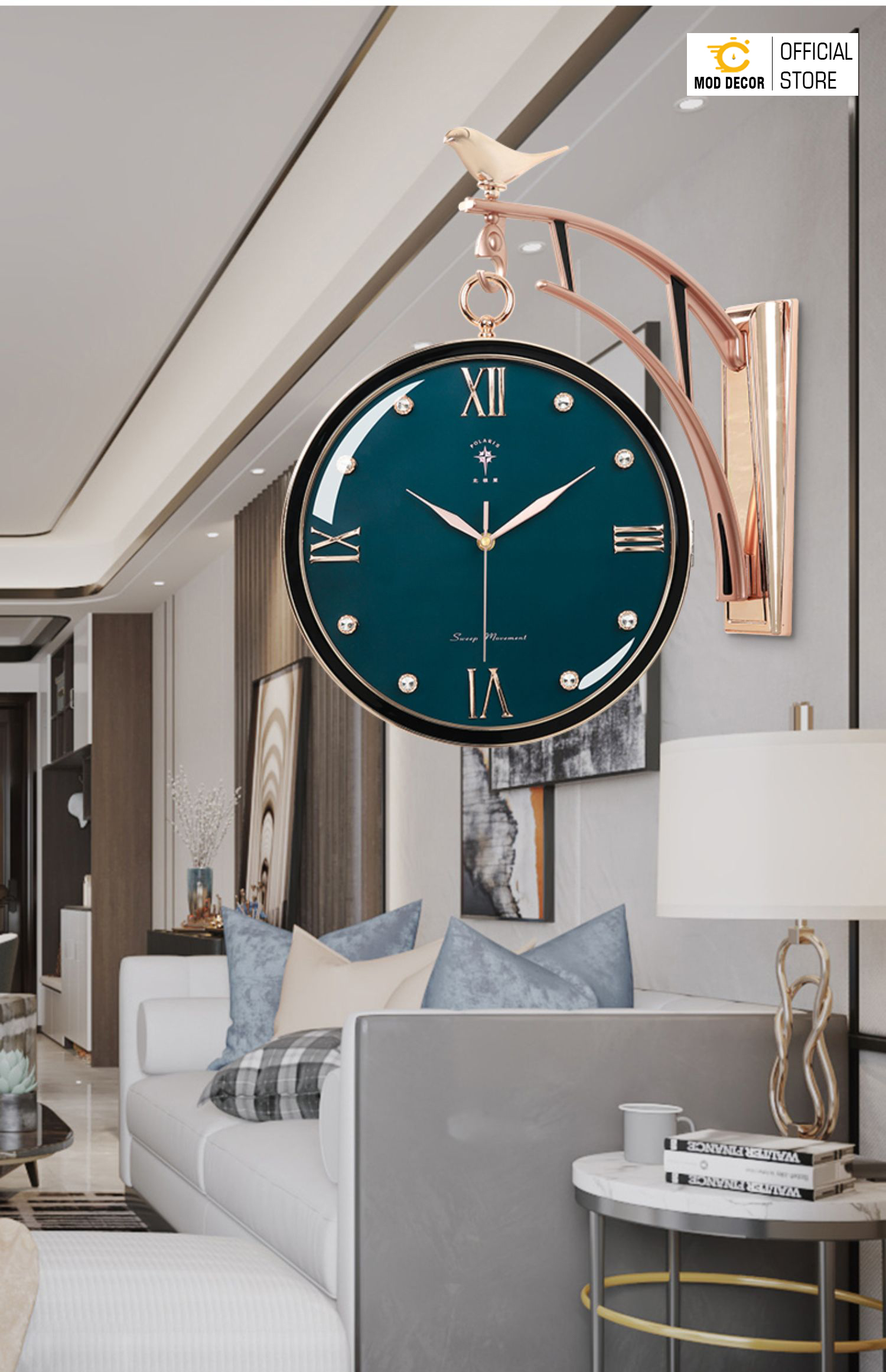 Đồng hồ treo tường Én Xanh 2 mặt đính đá phale siêu sang 2222-2