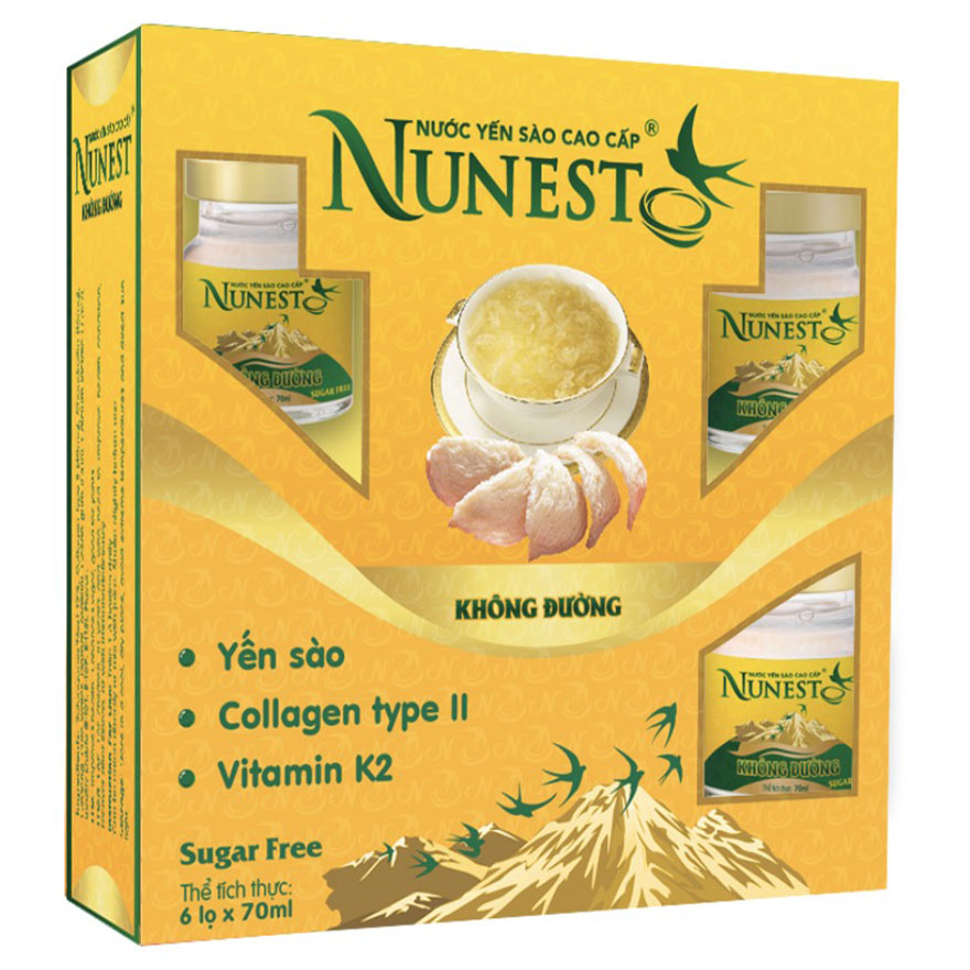 Hộp yến sào cao cấp collagen vitamin K2 không đường Nunest (6 lọ x 70ml)