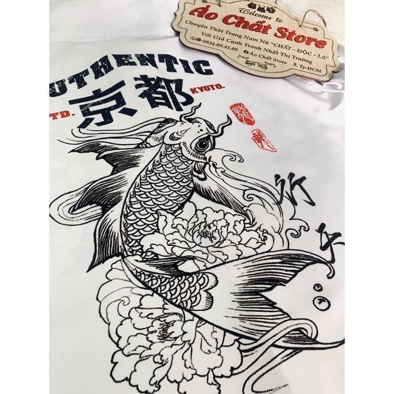 Áo Sơ Mi Nam Trắng Họa Tiết Cá Chép Thư Pháp Cao Cấp | Hàng Chuẩn Shop SM04