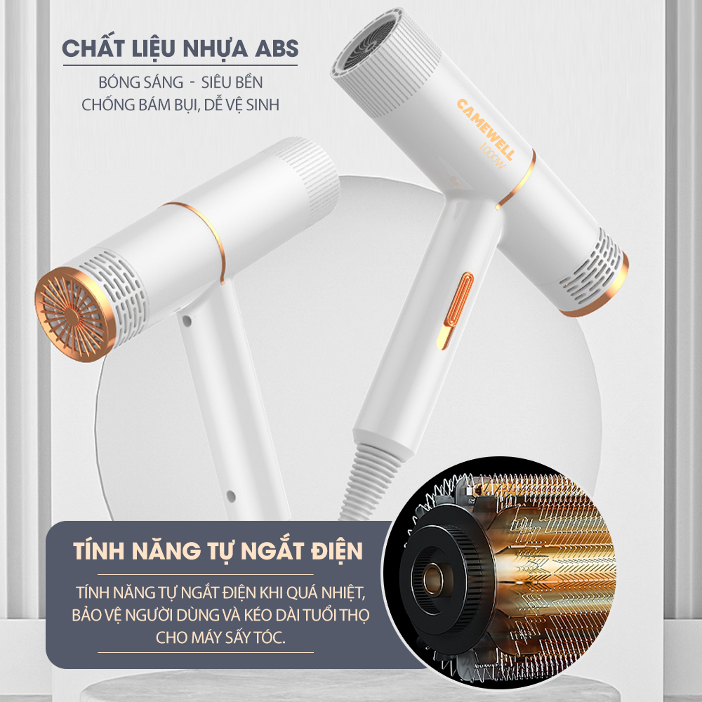 Máy sấy tóc mini chính hãng CameWell công suất lớn 1000W, giảm tiếng ồn, tặng đầu sấy tạo kiểu tóc chuyên nghiệp 2 chiều nóng lạnh CW01HD