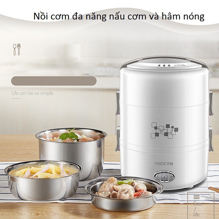 Hộp cơm văn phòng giữ nhiệt cắm điện Yoice tròn trắng 3 tầng khay inox dung tích 2l hâm nóng cực nhanh - HÀNG CHÍNH HÃNG