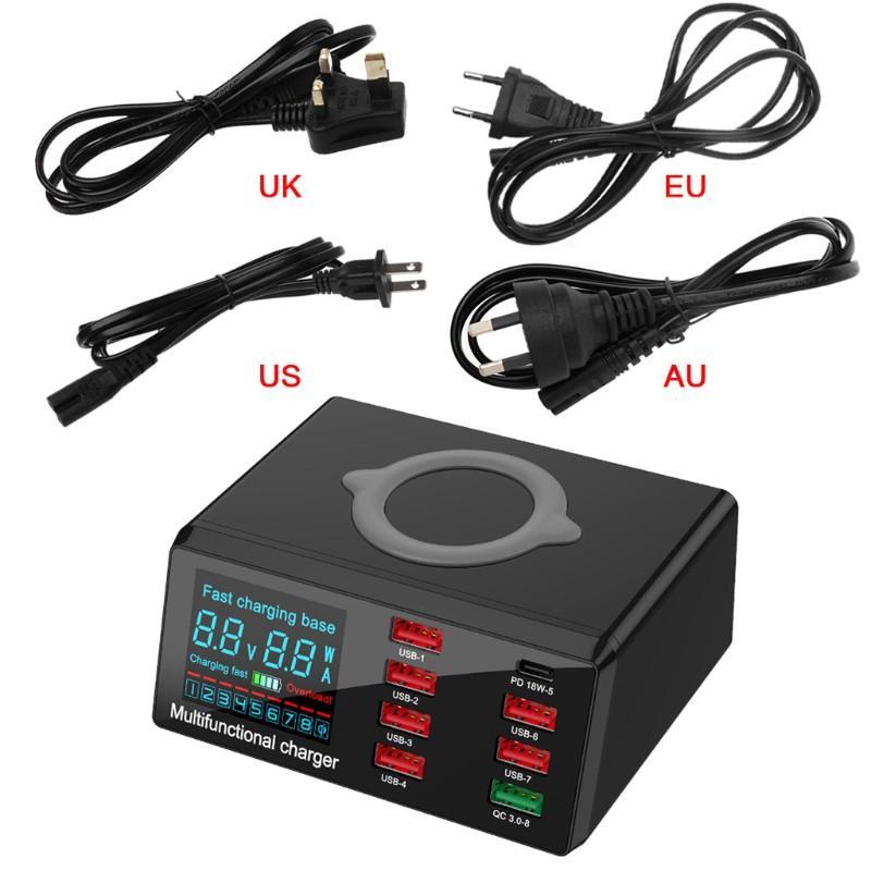 Đế Sạc Nhanh Không Dây 8 Cổng Usb Type C Pd Qc3.0 10w Có Đèn Led