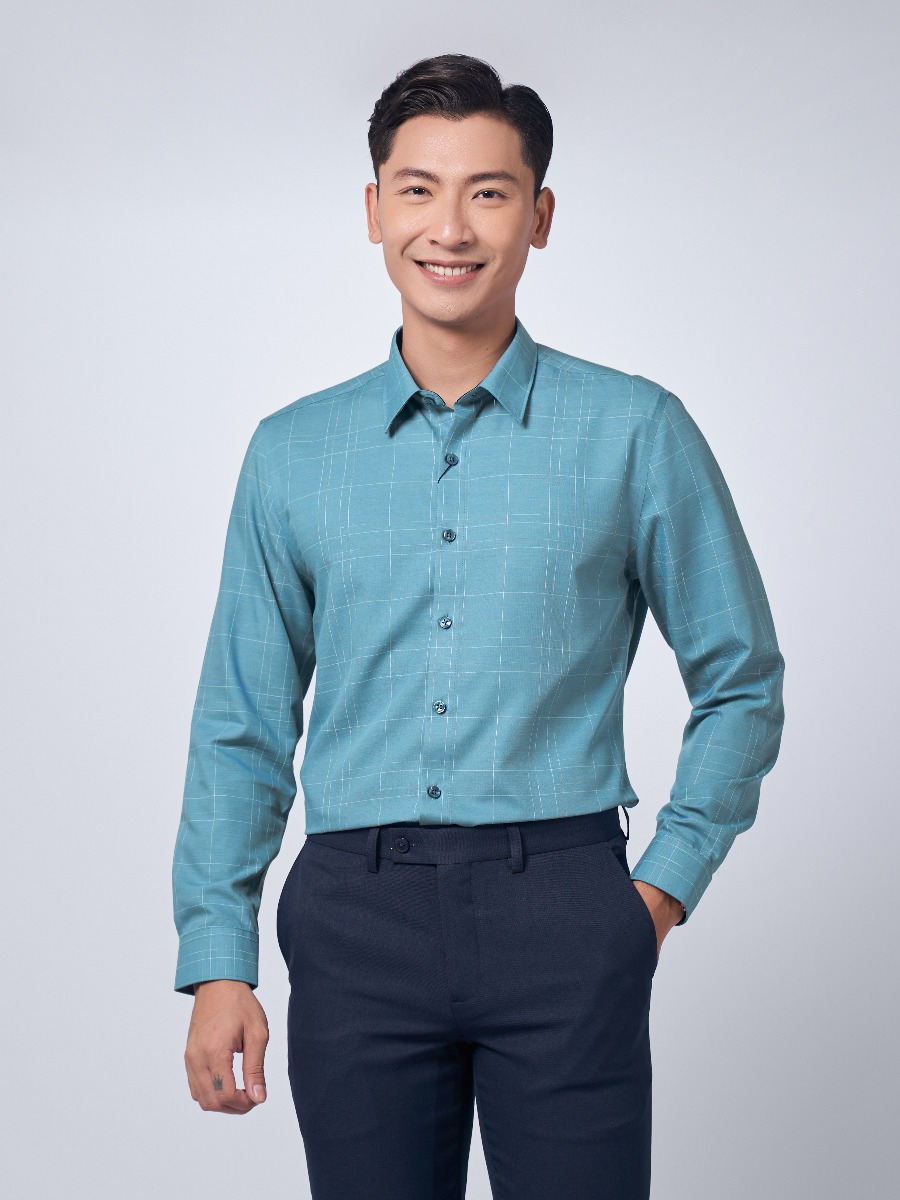 OWEN - Áo sơ mi dài tay Owen Slimfit Chất sợi tre màu xanh kẻ 220924