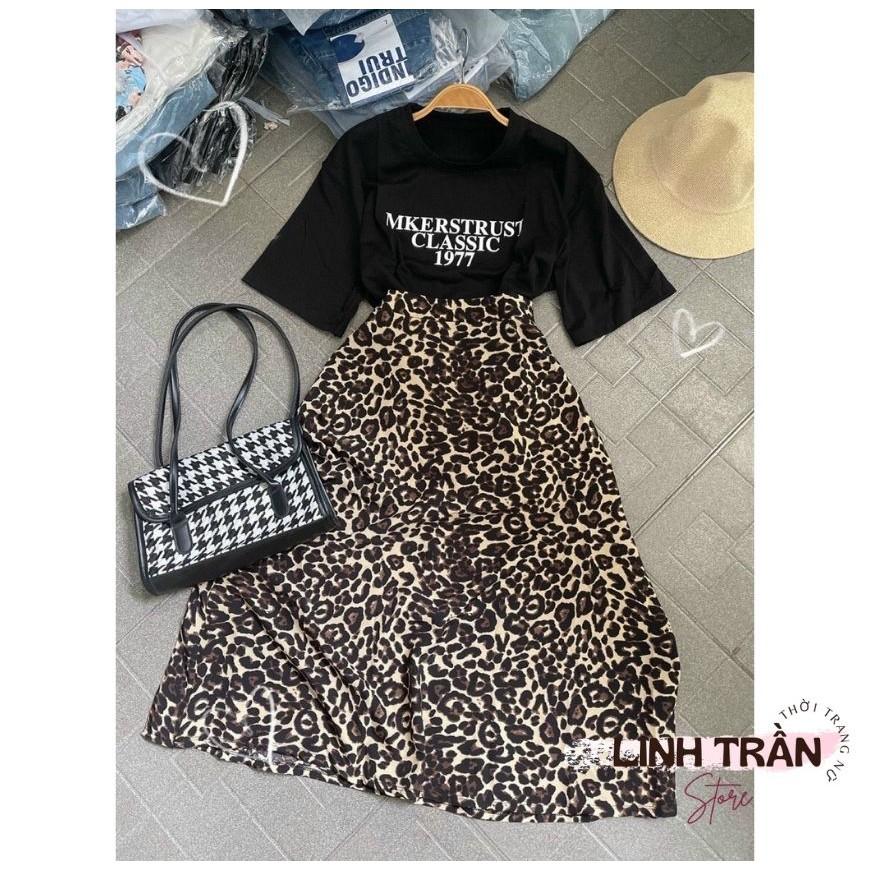 Sét Áo Phông Mix Chân Váy Midi Beo Nâu Áo Thun Đen Mix Chân Váy Linh Trần Storee
