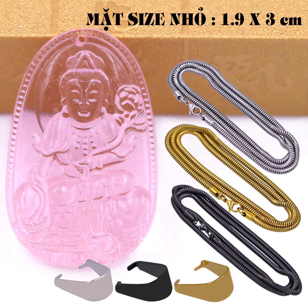 Mặt Phật Phổ hiền pha lê hồng 1.9cm x 3cm  kèm vòng cổ dây chuyền inox rắn vàng + móc inox vàng, Phật bản mệnh, mặt dây chuyền