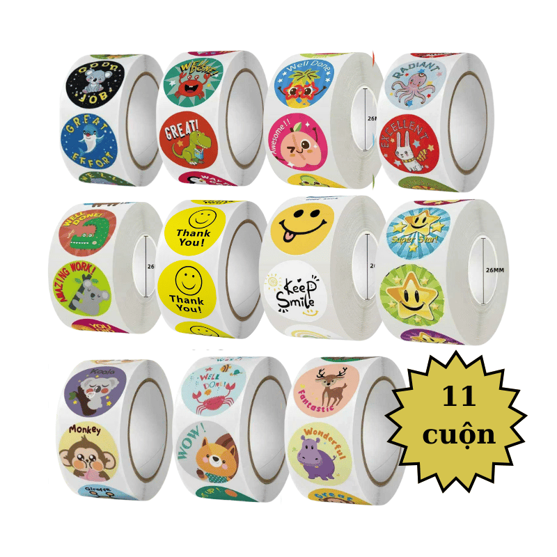 Set 11 Cuộn Sticker Khen Thưởng Đáng Yêu – Tem Dán Mặt Cười, Động Vật, Cảm Ơn, Động Viên Cho Bé