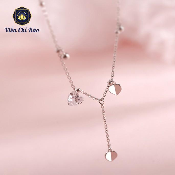 Vòng cổ choker bạc nữ mix cham trái tim dây xích ngắn mặt bi