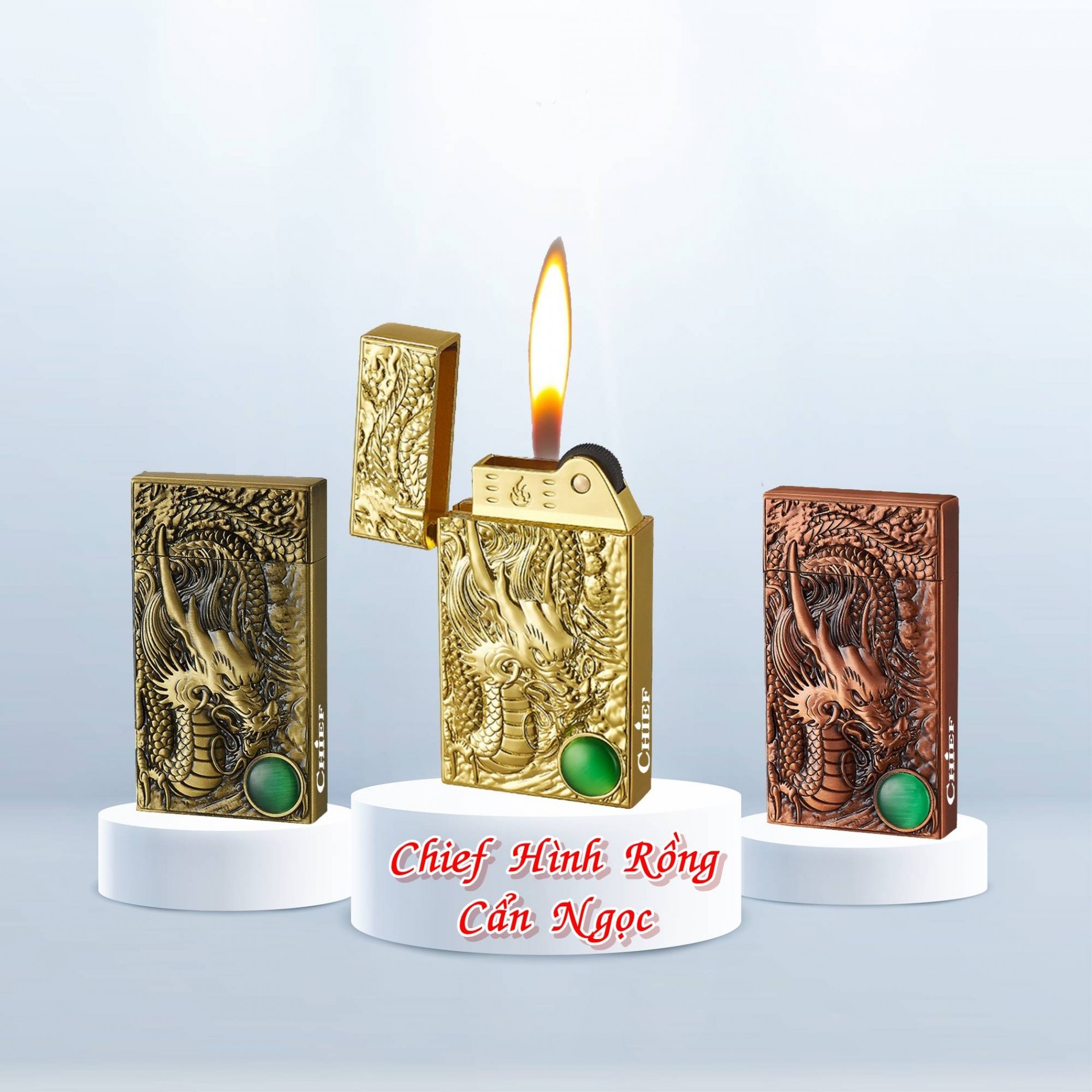 Hộp quẹt bật lửa Chief gas đá hình rồng cẩn ngọc -