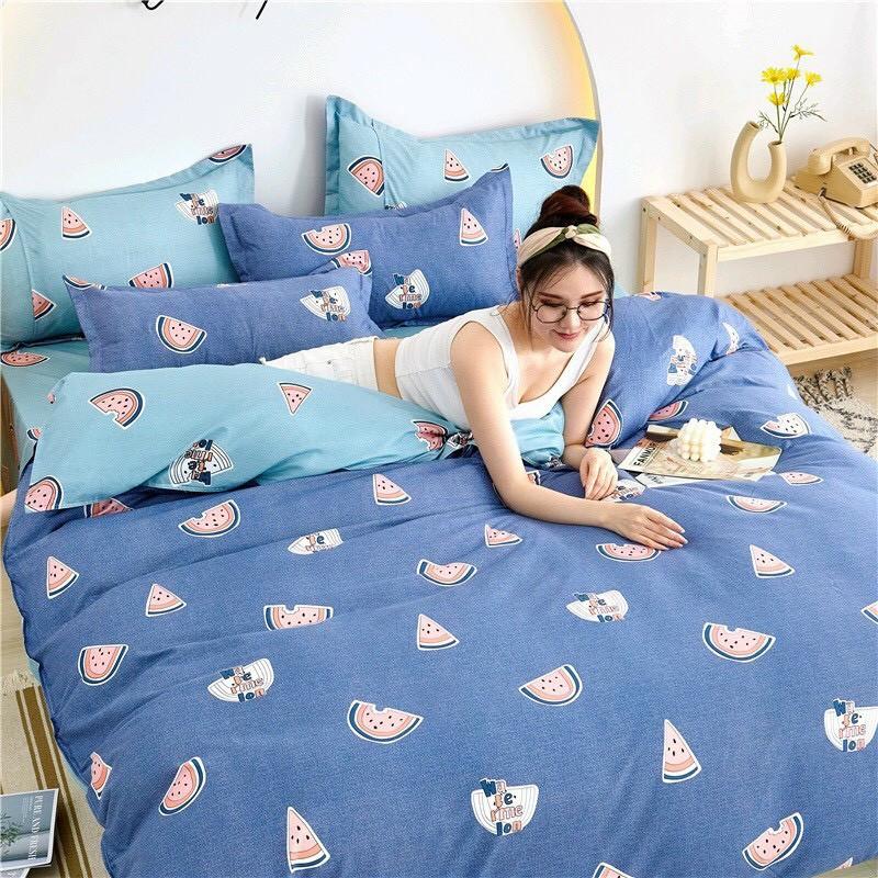 Bộ chăn ga Cotton Poly M2T bedding, chăn ga hàn quốc họa tiết dưa hấu xanh miễn phí bo chun