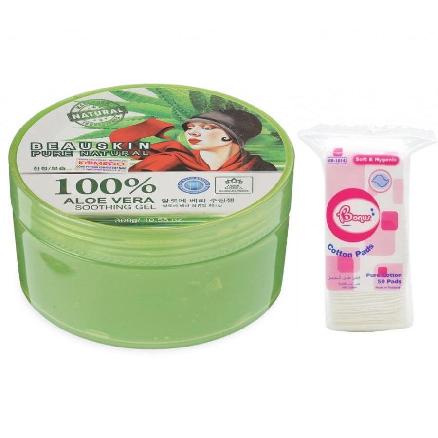 Combo 1 hũ gel lô hội cấp nước dưỡng trắng da 100% Aloevera Soothing Beauskin Hàn quốc + 1 bông tẩy trang ( 50 miếng)