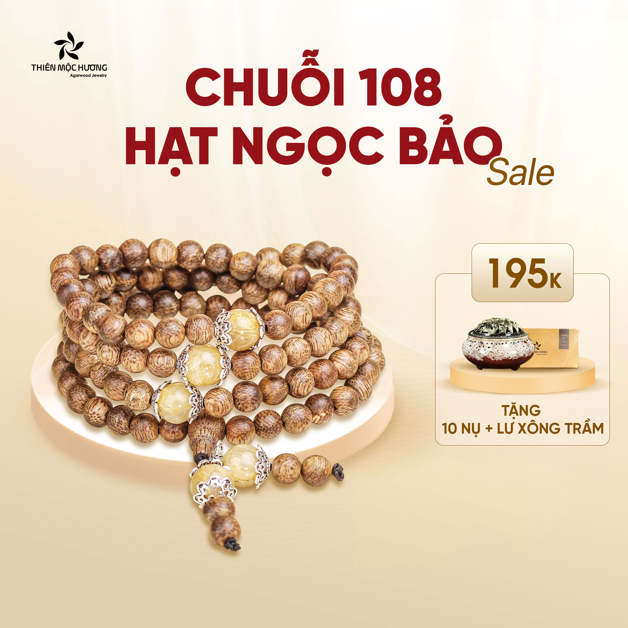 Vòng Tay Trầm Hương 108 Hạt Ngọc Bảo Mix Đá Phong Thủy - Trầm Tốc Tự Nhiên - An Yên, Đoạn Trừ 108 Phiền Não - Thạch Anh Tóc Vàng