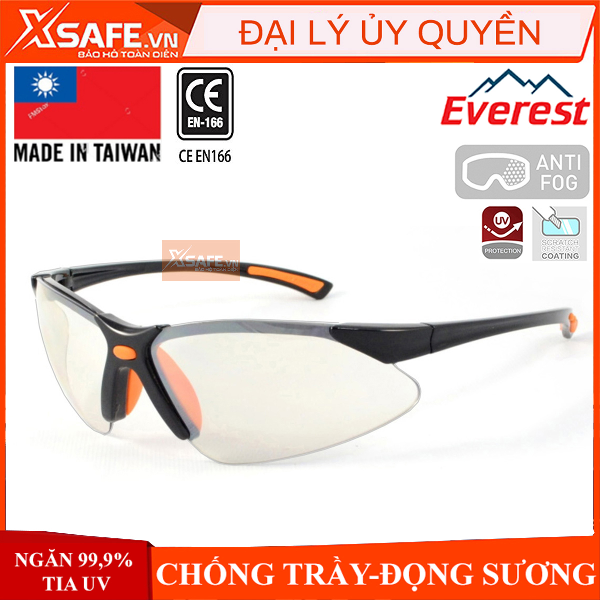 Kính bảo hộ Everest EV303 Kính chống bụi, tia UV, chống trầy xước, chống đọng sương, dùng trong lao động, đi xe máy