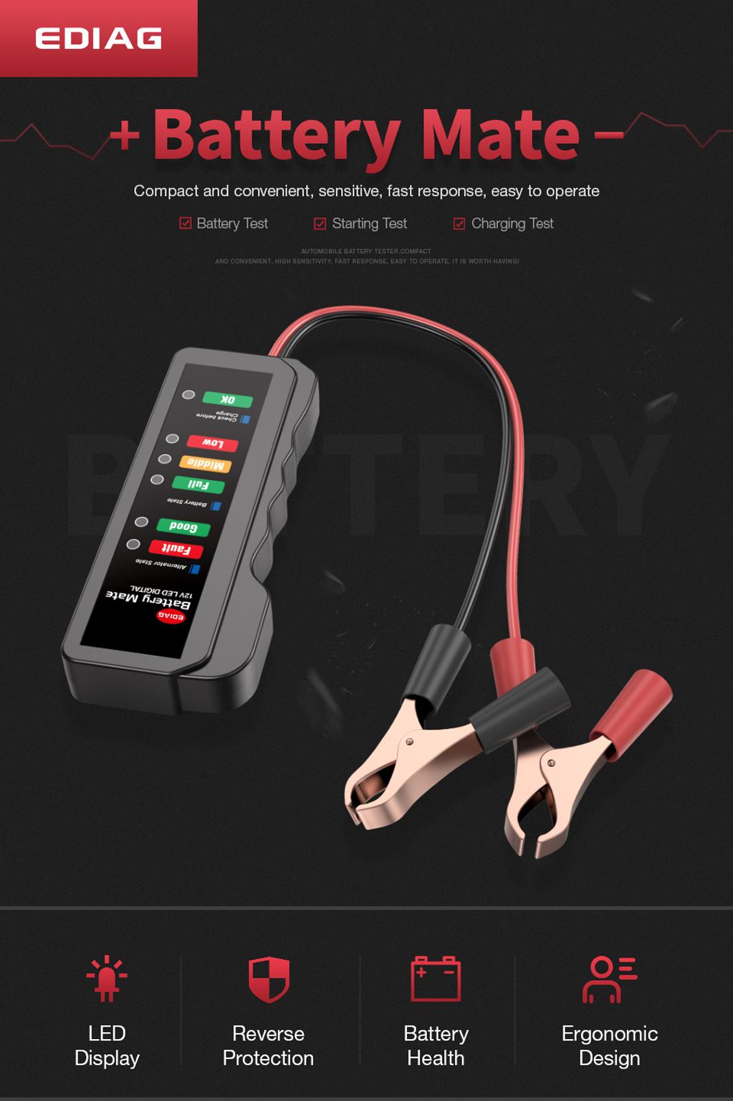 LED Lights Display12 V Vehicle Motorcycle Battery Tester Auto Car Battery Test Reverse Protect Function