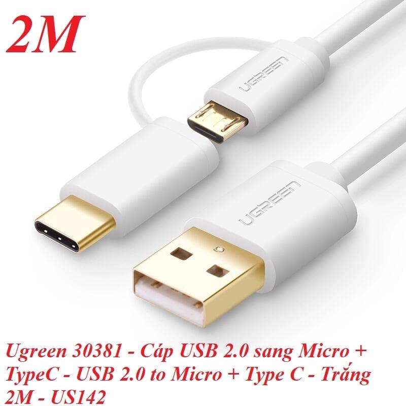 Ugreen UG30381US142TK 2M màu trắng Cáp USB-A sang Micro USB + USB-C cao cấp - HÀNG CHÍNH HÃNG