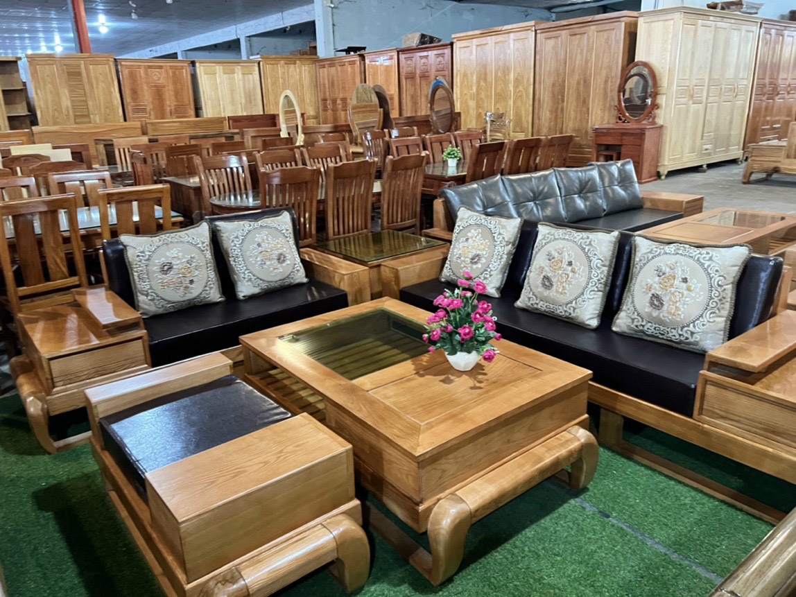 Bộ sofa góc tay vuông gỗ sồi nga , Bộ ghế sofa 2 văng chân quỳ , màu vàng nhạt hàng xuất khẩu 5 món có nệm như hình