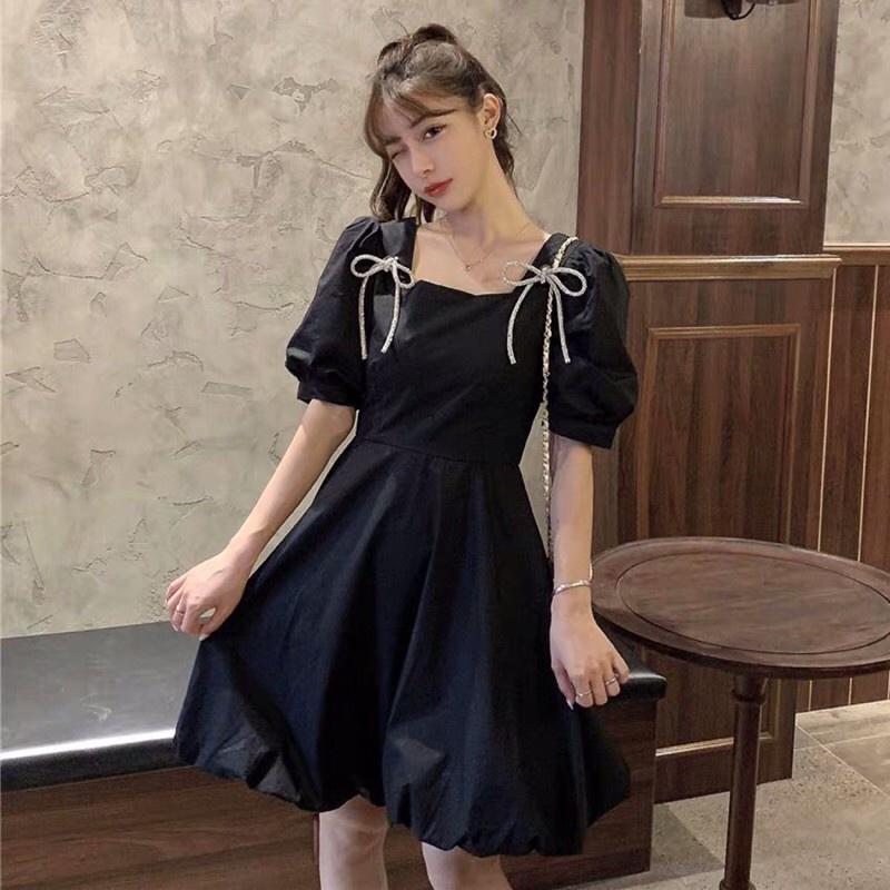 Đầm Nữ Vai Nơ Cổ Vuông Váy Nữ Cộc Tay Dáng Xòe