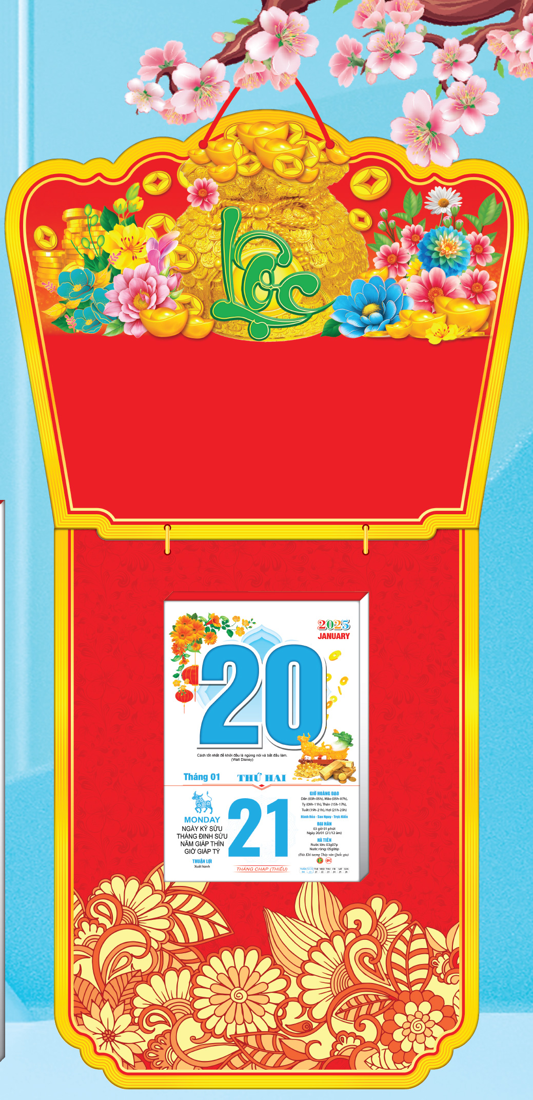 Trọn bộ lịch 2025 (gồm bìa treo và bloc lịch 14.5x20x5cm), in chủ đề Hoa và Phong Thủy