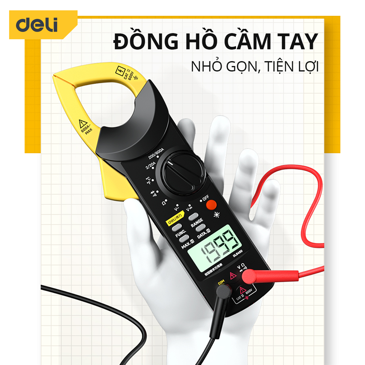 Đồng Hồ Vạn Năng Deli Dạng Kẹp - Tích Hơp Đo Dòng Điện Và Nhiệt Độ - Đo Lường Chính Xác, An Toàn, Dễ Dàng Sử Dụng DL8450