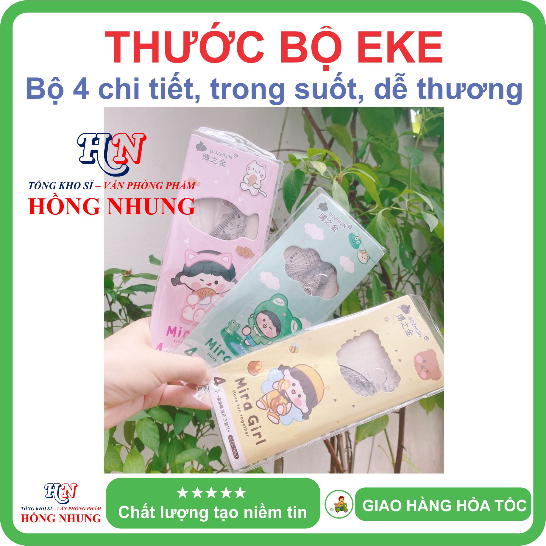 [SALE] Bộ Thước Eke 4 món dễ thương kèm túi, trong suốt, thích hợp cho học sinh để đo vẽ trường tròn, vẽ góc