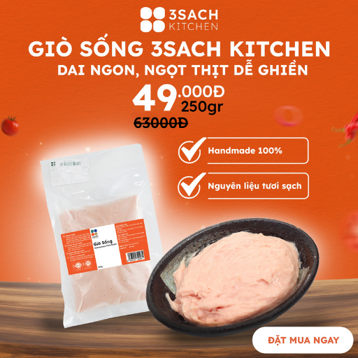 Giò Sống 3Sach Kitchen gói 250gr - Làm từ thịt nạc thăn và mỡ heo giã nhuyễn