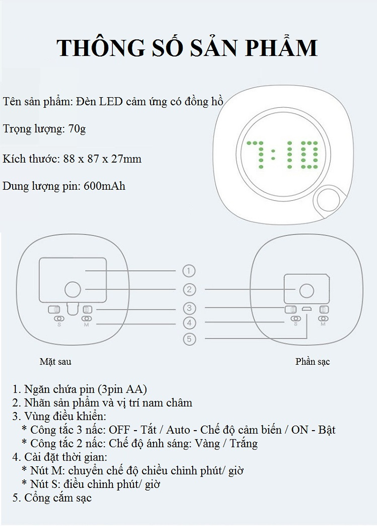 Đèn led cảm biến chuyển động hồng ngoại có hiển thị đồng hồ cao cấp - Hàng nhập khẩu