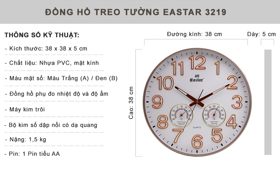 Đồng hồ Eastar Tròn có Dạ quang và Đồng hồ Cơ Đo Nhiệt Độ - Độ Ẩm