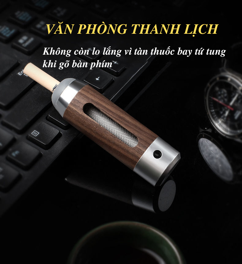 Tẩu Thuoc la_Đồ Hút Thuoc la Kiêm Đánh Lửa &amp; Gạt Tàn Tiện Lợi Chất Liệu Gỗ Tặng Kèm 3 Đầu Hút + Dây Sạc USB