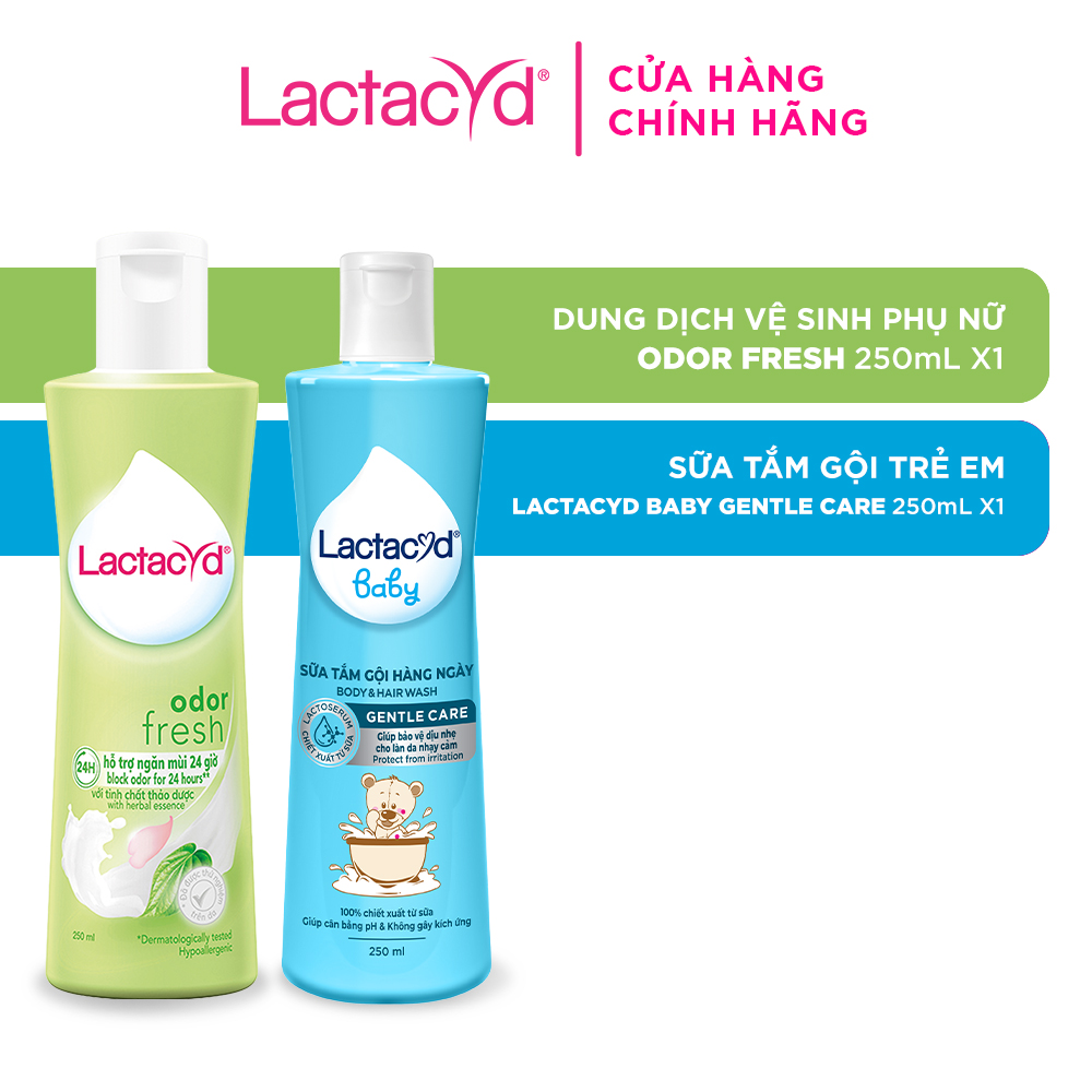 Bộ Dung Dịch Vệ Sinh Phụ nữ Lactacyd Odor Fresh Ngăn Mùi 24H 250ml + Sữa Tắm Gội Trẻ em Lactacyd Baby Gentle Care 250ml