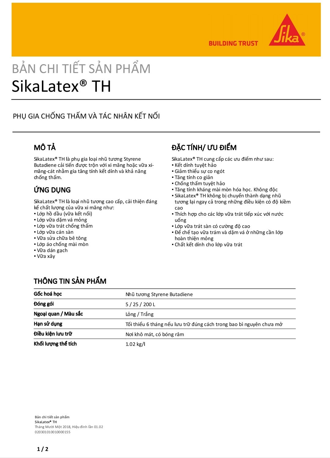 Phụ gia chống thấm vữa và tác nhân kết nối - Sikalatex TH
