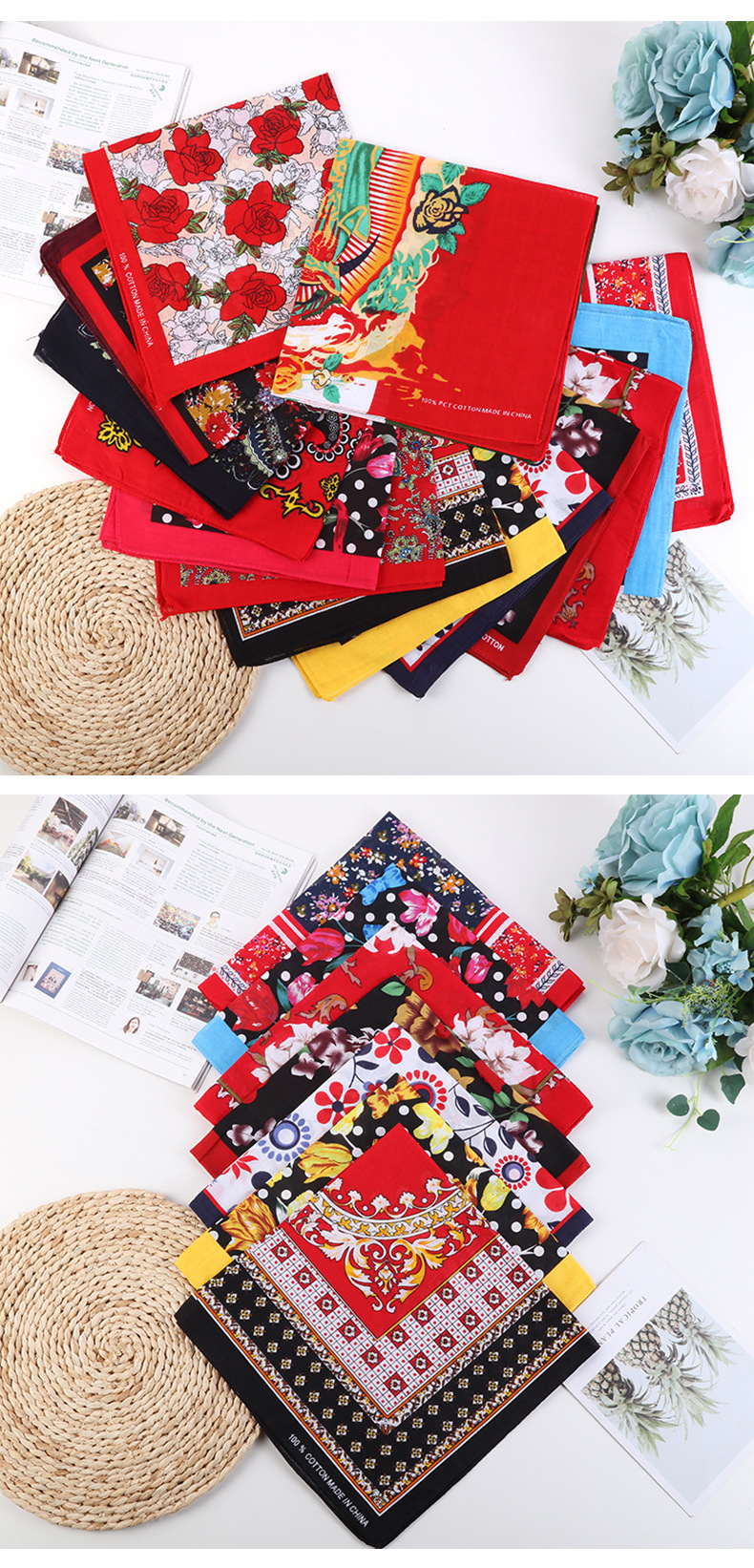 Khăn Bandana phong cách Vintage dễ thương 54x54cm - BDN06.3 hoa tulip đỏ