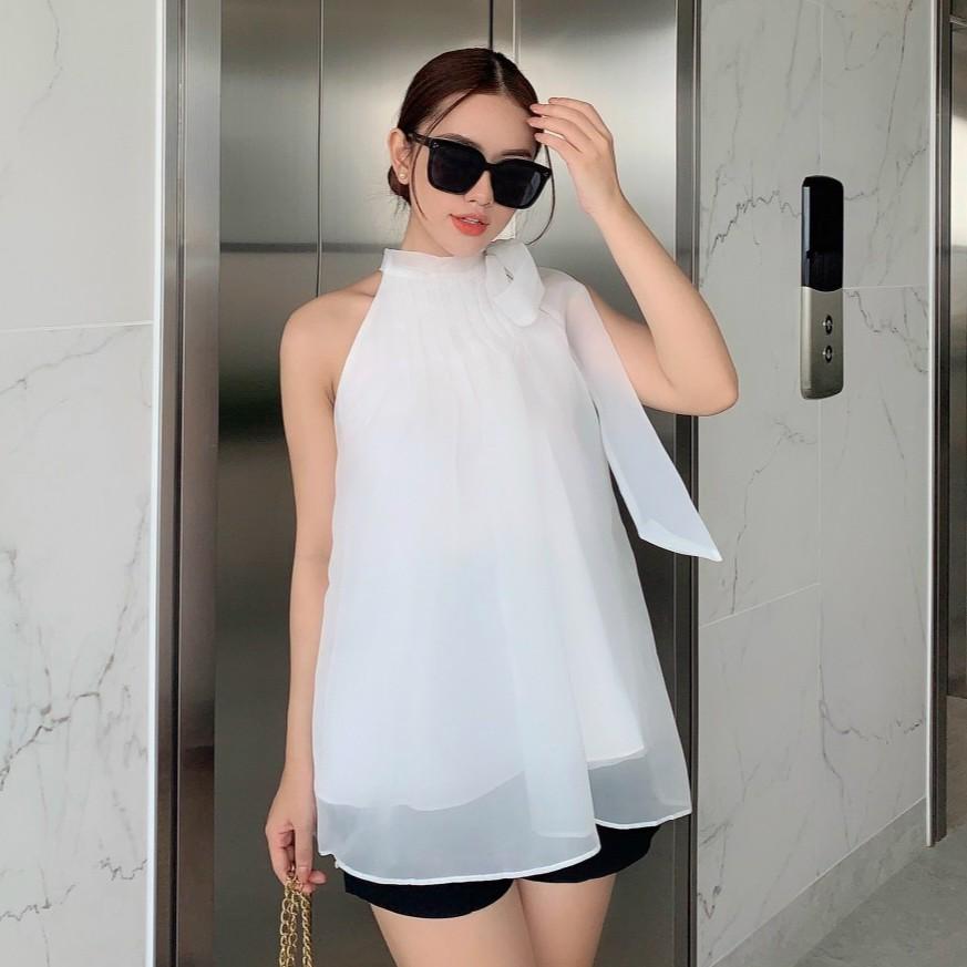 Áo voan tơ cổ yếm xếp li cột nơ