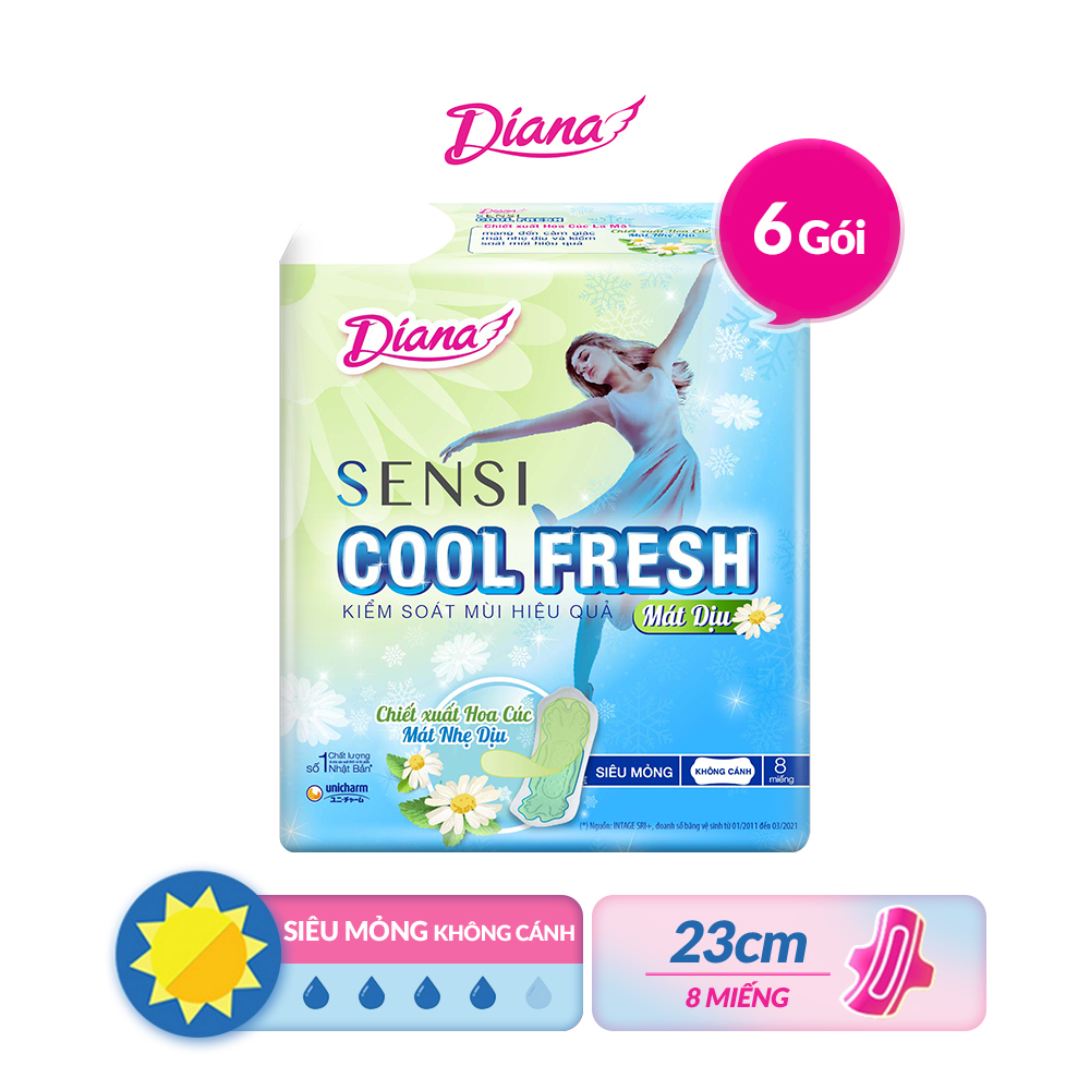 Combo 6 Băng Vệ Sinh Diana Sensi Cool Fresh Mát Dịu Siêu Mỏng Không Cánh Gói 8 Miếng