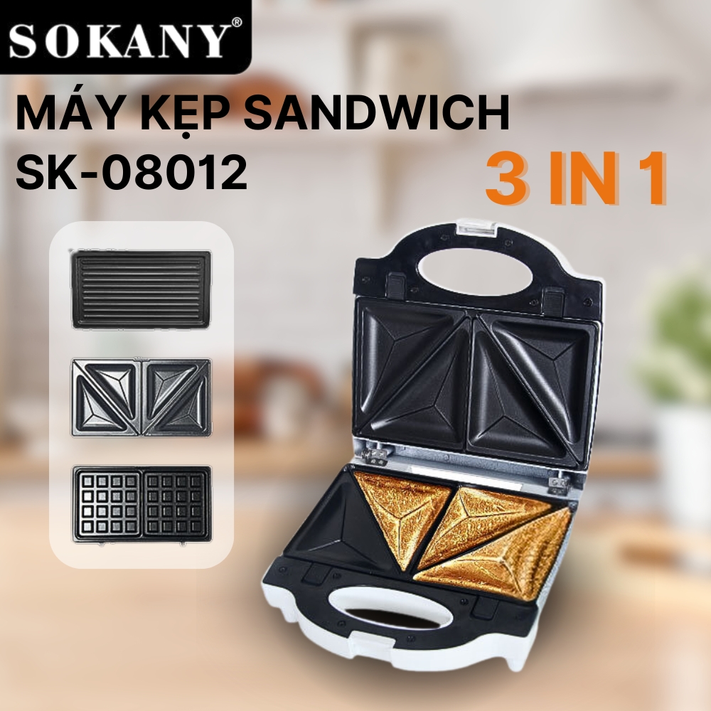 Máy kẹp bánh mì, máy nướng bánh mỳ 3in1 SOKANY SK-08012 công suất 700W khay nướng chống dính - HÀNG CHÍNH HÃNG - DELIYA