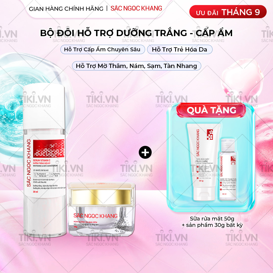 Bộ đôi cấp ẩm, dưỡng trắng da Sắc Ngọc Khang: Serum C dưỡng trắng 30ml + Kem dưỡng da ban đêm 30g