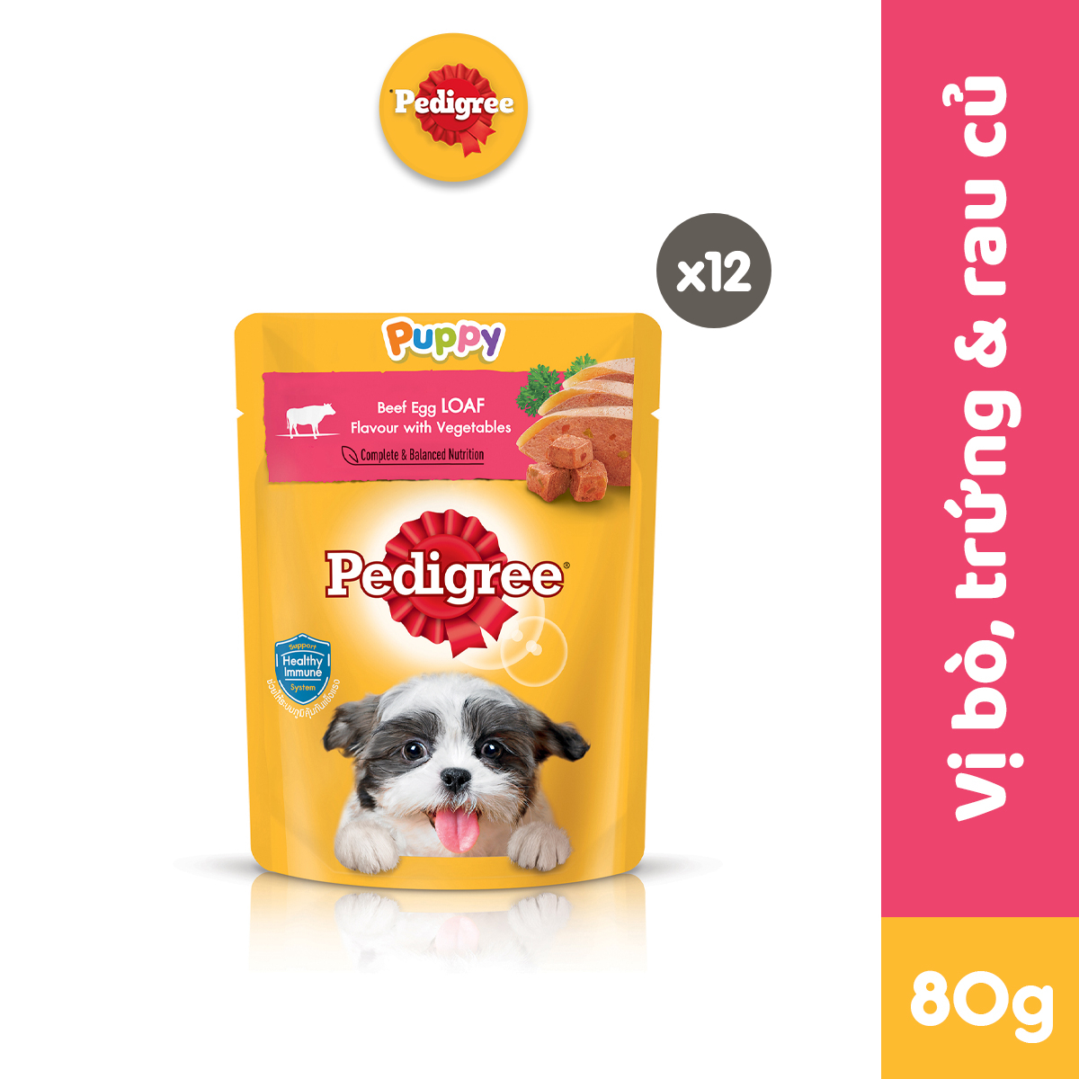 Thức Ăn Cho Chó Con Dạng Sốt PEDIGREE NutriDefence - Vị Bò, Trứng và Rau (80g, 12 Gói)