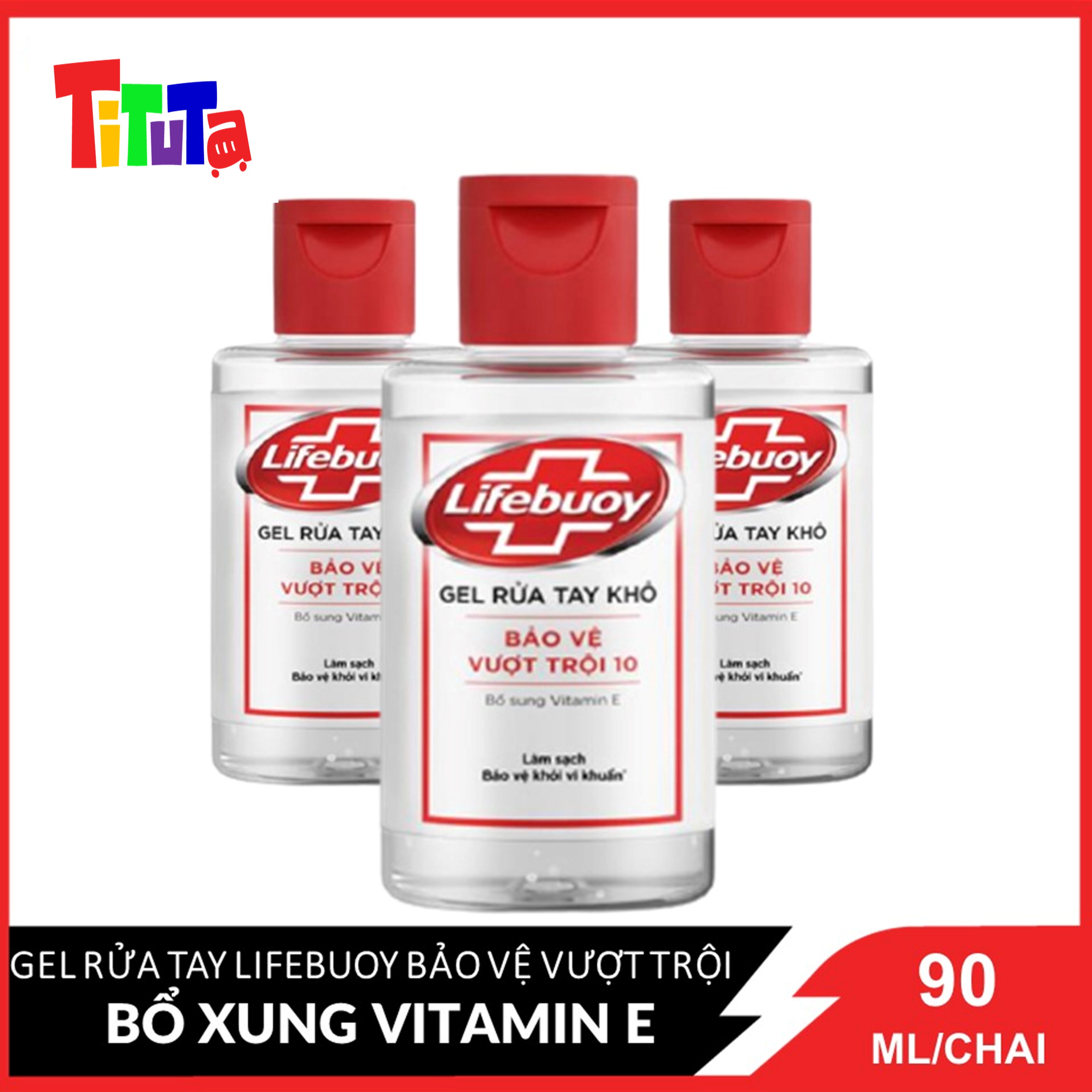 COMBO 3 Gel Rửa Tay Khô Lifebuoy Bảo vệ vượt trội 10 (Đỏ) Bổ Sung Vitamin E Chai 90ml x 3