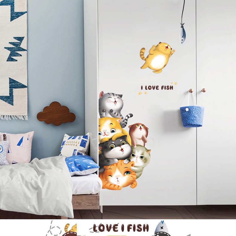 Decal dán tường mèo con dễ thương I love fish đủ màu trang trí nhà cửa đẹp, sáng tạo