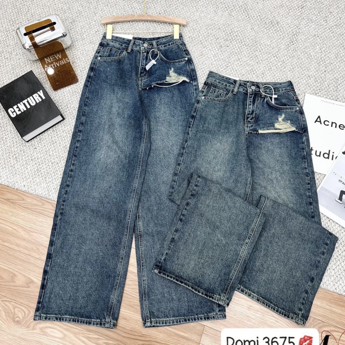 QUẦN JEANS LƯNG CAO ỐNG RỘNG SUÔNG ĐỨNG RÁCH DẠO PHỐ DỰ TIỆC - L &lt;55kg