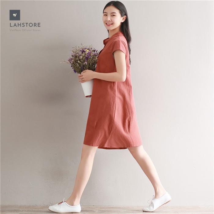 Đầm suông đũi cổ trụ LAHSTORE phối túi bên hông