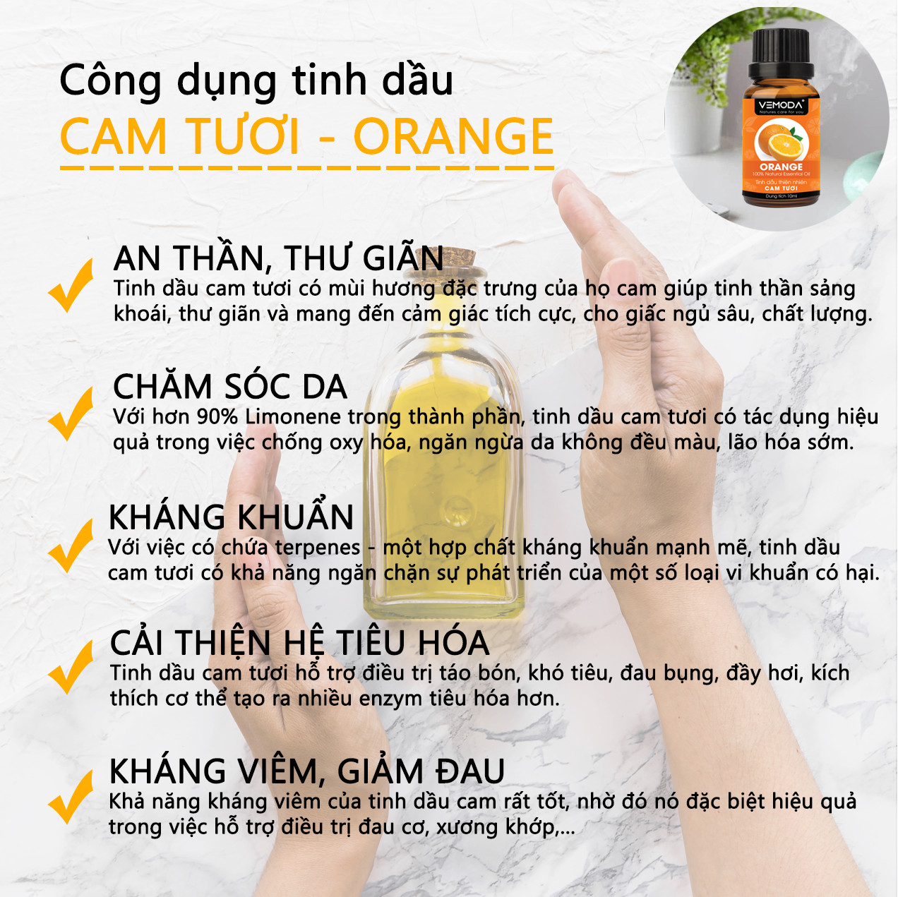 Tinh dầu Xông phòng cao cấp Vemoda gồm Combo 3 lọ tinh dầu: tinh dầu Sả chanh (10ml) + tinh dầu Vỏ quế (10ml) + tinh dầu Cam tươi (10ml) Vemoda