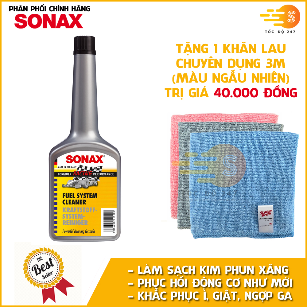 Phụ gia xăng cho ô tô Sonax 515100 250ml - tặng 1 khăn 3M màu ngẫu nhiên - làm sạch hệ thống xăng, tẩy sạch carton, kim phun, đầu xi lanh, tiết kiệm nhiên liệu